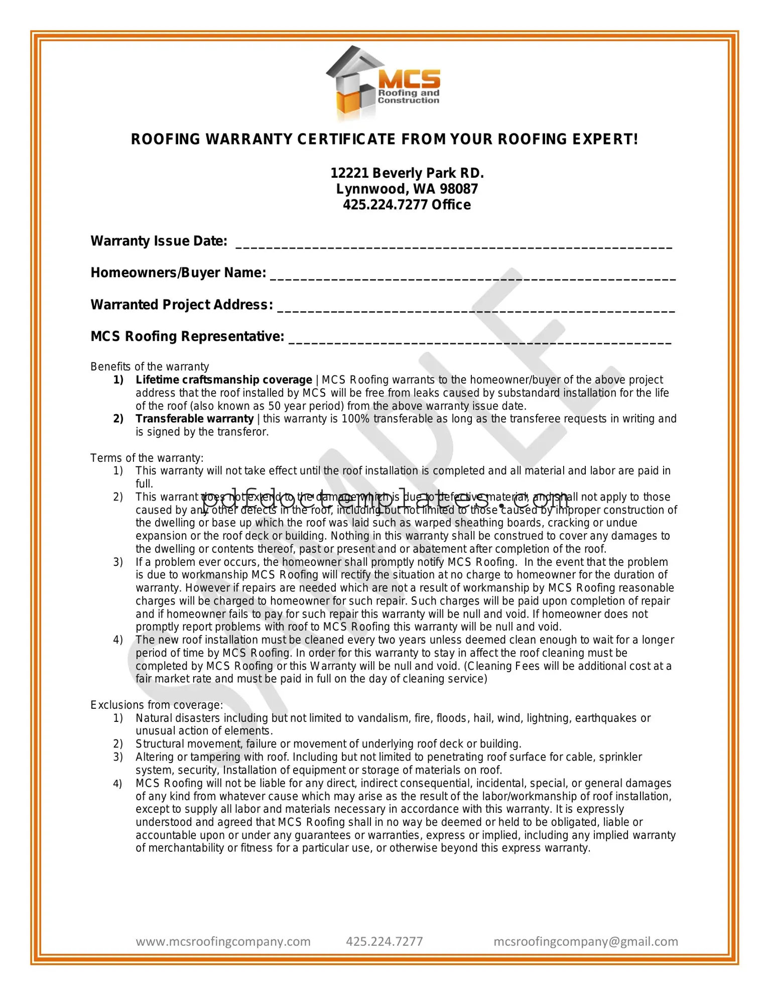 Download Roofing Warranty Certificate Template