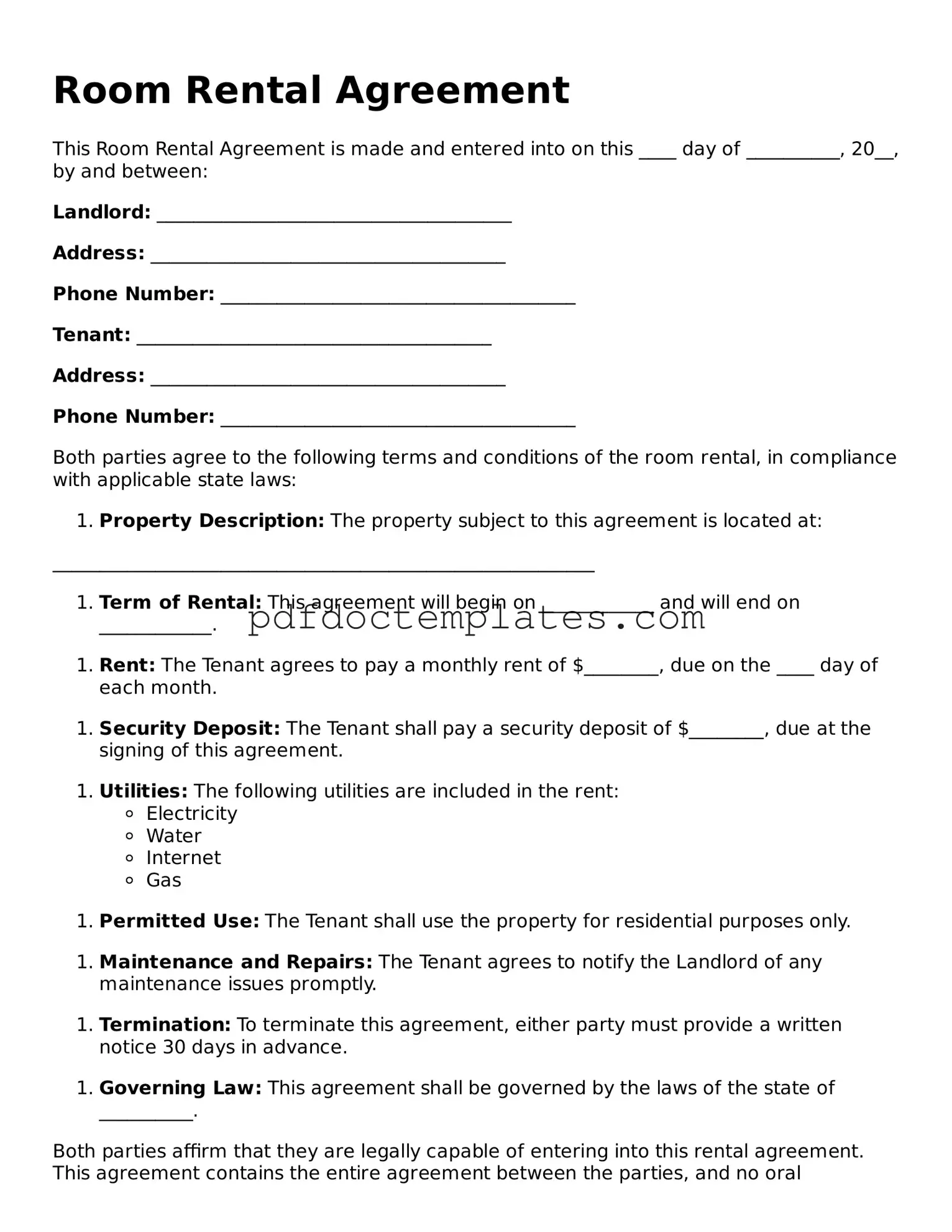 Printable Room Rental Agreement Template
