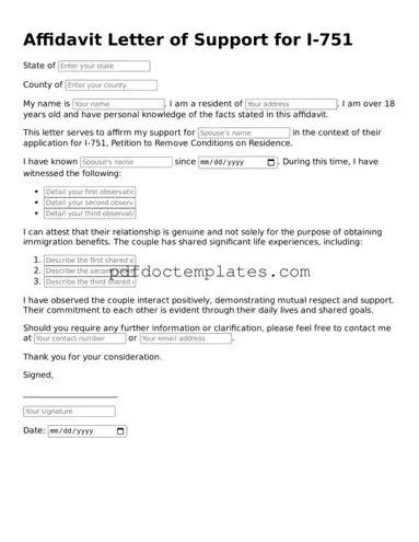 Printable Affidavit Letter of Support for I-751 Template