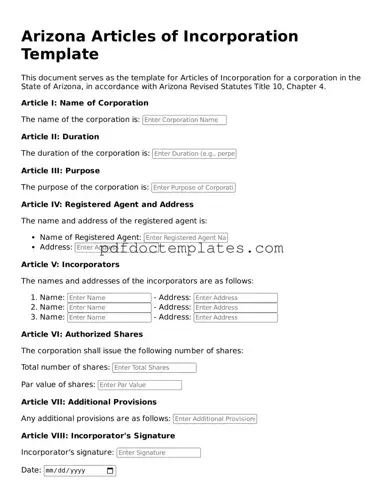 Blank Articles of Incorporation Document for Arizona