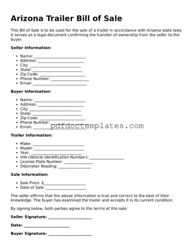Blank  Trailer Bill of Sale Document for Arizona