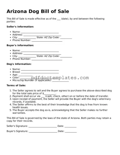 Blank  Dog Bill of Sale Document for Arizona
