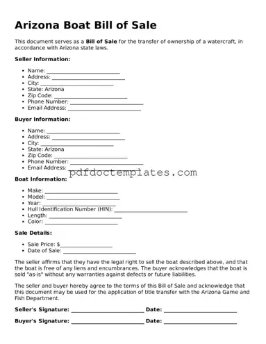 Blank  Boat Bill of Sale Document for Arizona