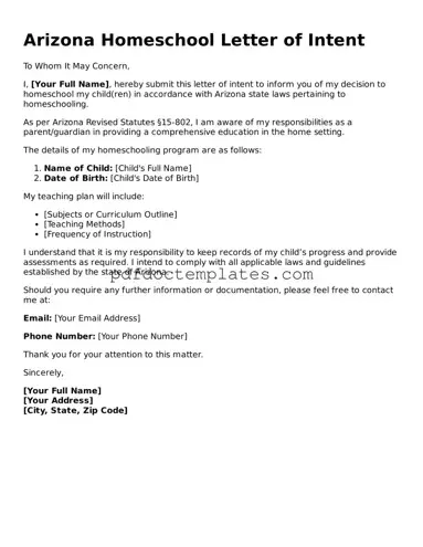 Blank  Homeschool Letter of Intent Document for Arizona