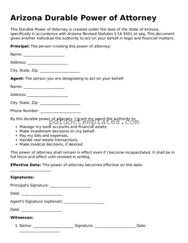 Blank  Durable Power of Attorney Document for Arizona