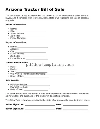 Blank  Tractor Bill of Sale Document for Arizona