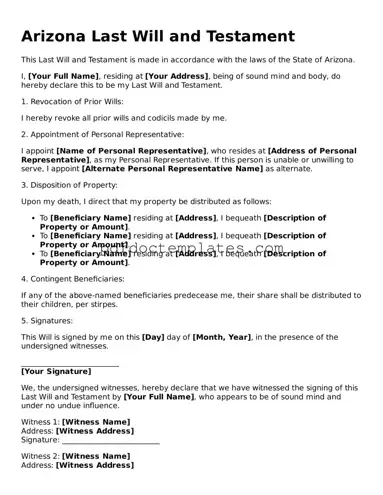 Blank  Last Will and Testament Document for Arizona