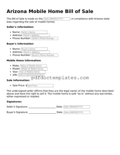 Blank  Mobile Home Bill of Sale Document for Arizona