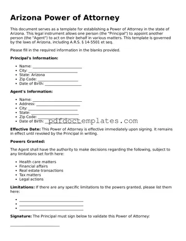 Blank  Power of Attorney Document for Arizona