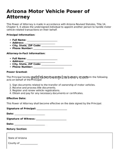 Blank  Motor Vehicle Power of Attorney Document for Arizona