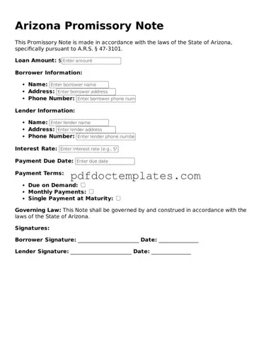 Blank  Promissory Note Document for Arizona