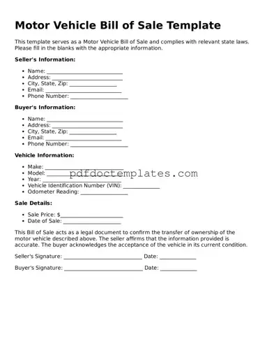 Printable Motor Vehicle Bill of Sale Template