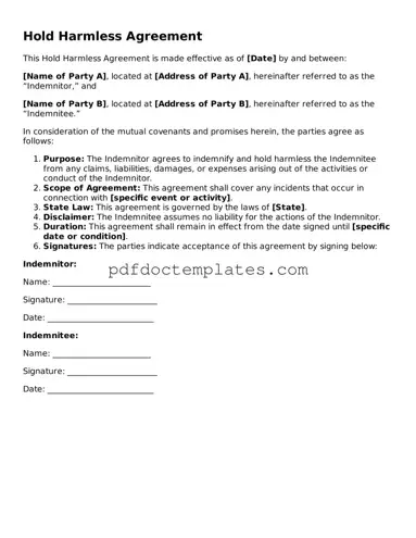 Printable Hold Harmless Agreement Template