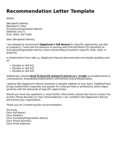 Printable Recommendation Letter Template