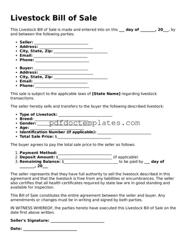 Printable Livestock Bill of Sale Template