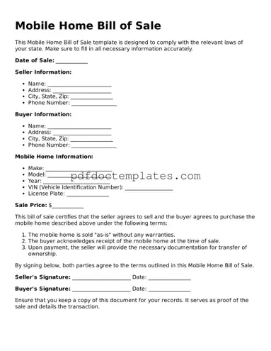 Printable Mobile Home Bill of Sale Template