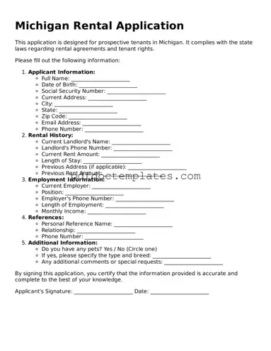 Blank  Rental Application Document for Michigan