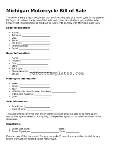 Blank  Motorcycle Bill of Sale Document for Michigan