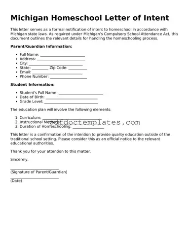 Blank  Homeschool Letter of Intent Document for Michigan