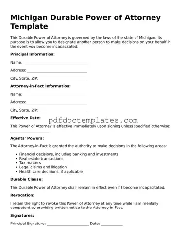Blank  Durable Power of Attorney Document for Michigan