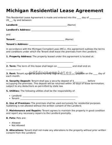 Blank  Residential Lease Agreement Document for Michigan