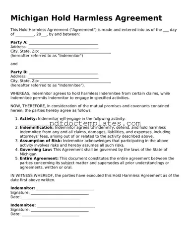 Blank  Hold Harmless Agreement Document for Michigan