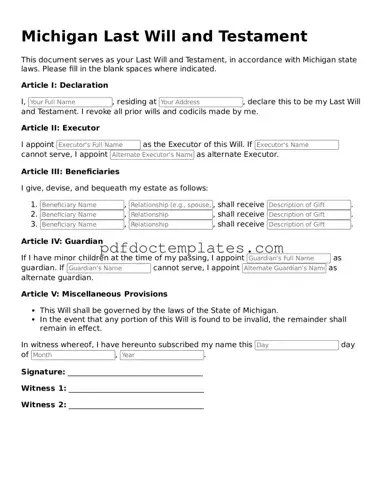 Blank  Last Will and Testament Document for Michigan