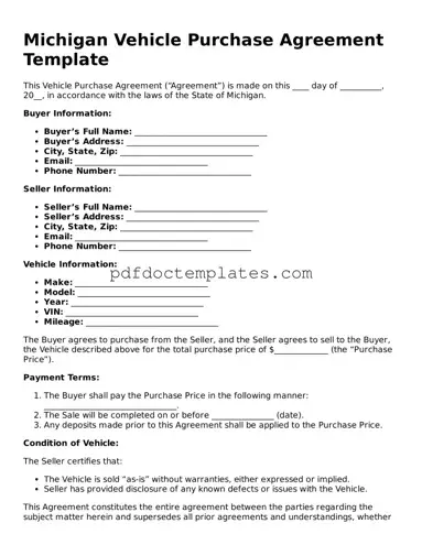 Blank  Vehicle Purchase Agreement Document for Michigan