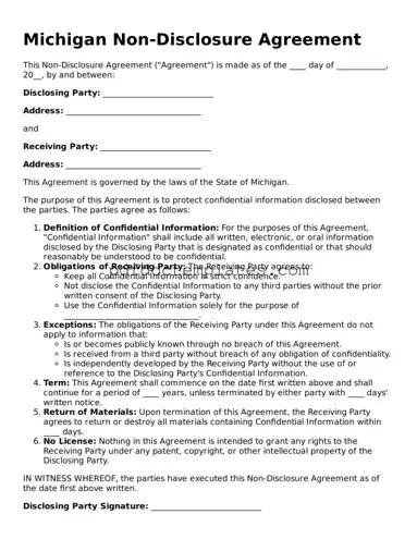 Blank  Non-disclosure Agreement Document for Michigan