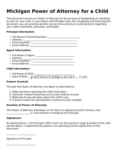 Blank  Power of Attorney for a Child Document for Michigan