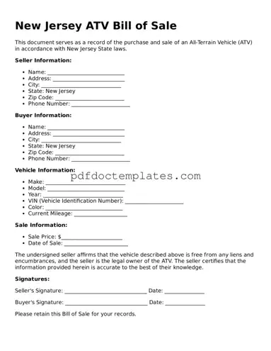 Blank  ATV Bill of Sale Document for New Jersey