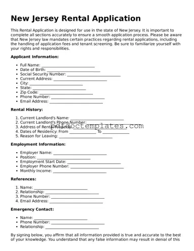 Blank  Rental Application Document for New Jersey