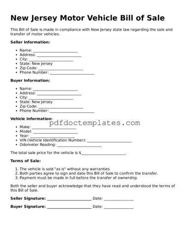 Blank  Motor Vehicle Bill of Sale Document for New Jersey