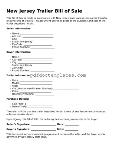 Blank  Trailer Bill of Sale Document for New Jersey