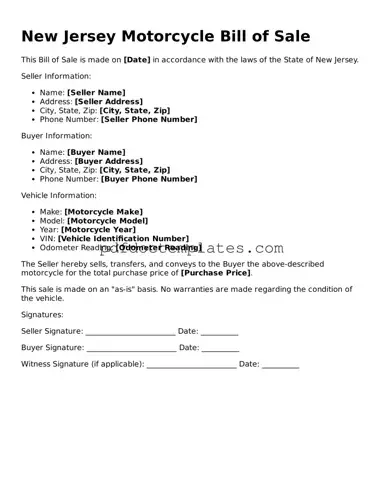 Blank  Motorcycle Bill of Sale Document for New Jersey