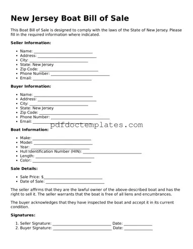 Blank  Boat Bill of Sale Document for New Jersey