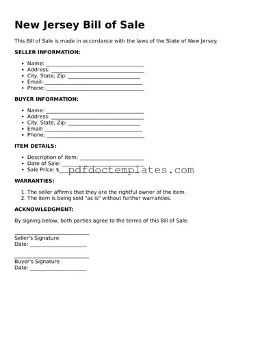 Blank  Bill of Sale Document for New Jersey