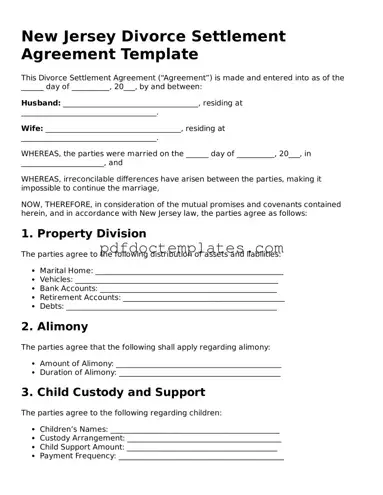 Blank  Divorce Settlement Agreement Document for New Jersey