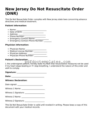Blank  Do Not Resuscitate Order Document for New Jersey