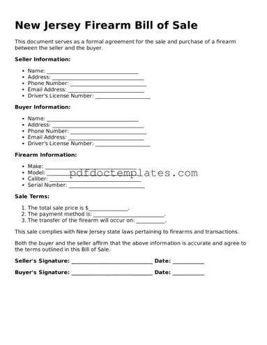 Blank  Firearm Bill of Sale Document for New Jersey