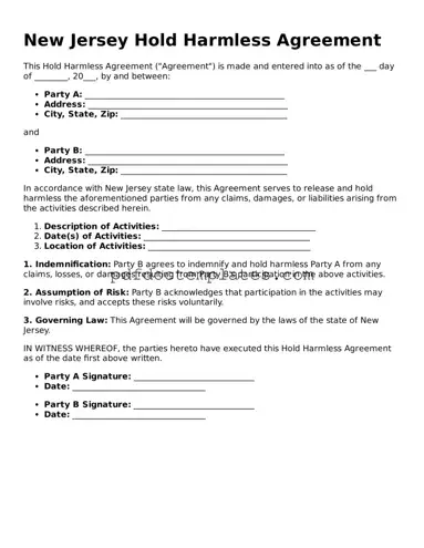 Blank  Hold Harmless Agreement Document for New Jersey