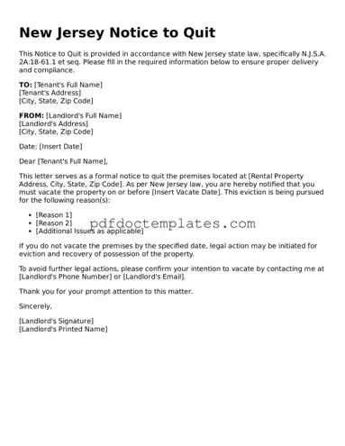 Blank  Notice to Quit Document for New Jersey