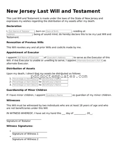 Blank  Last Will and Testament Document for New Jersey