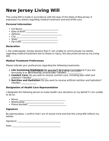 Blank  Living Will Document for New Jersey