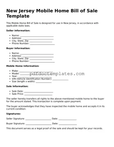 Blank  Mobile Home Bill of Sale Document for New Jersey