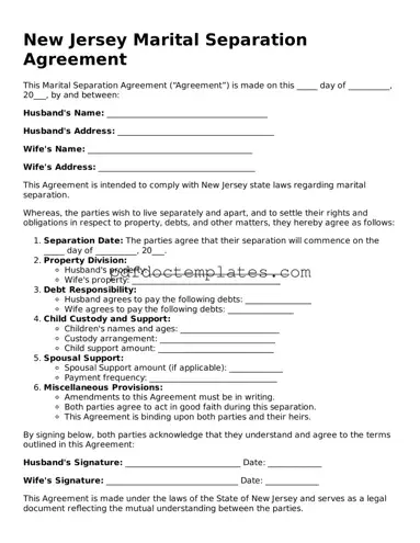 Blank  Marital Separation Agreement Document for New Jersey