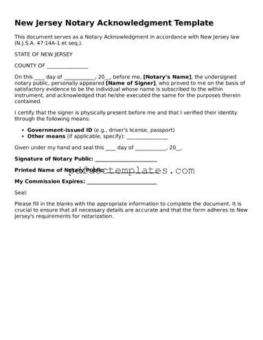 Blank  Notary Acknowledgement Document for New Jersey
