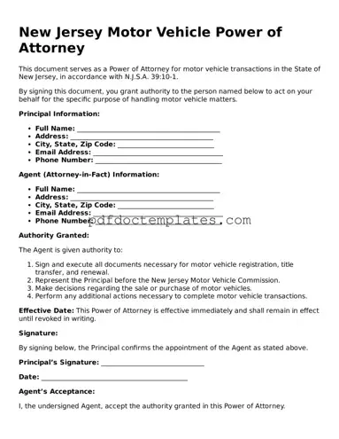 Blank  Motor Vehicle Power of Attorney Document for New Jersey