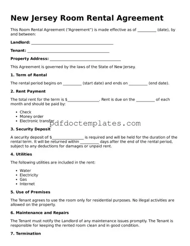 Blank  Room Rental Agreement Document for New Jersey