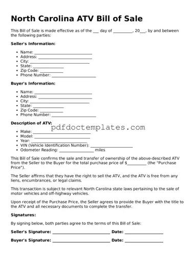 Blank  ATV Bill of Sale Document for North Carolina